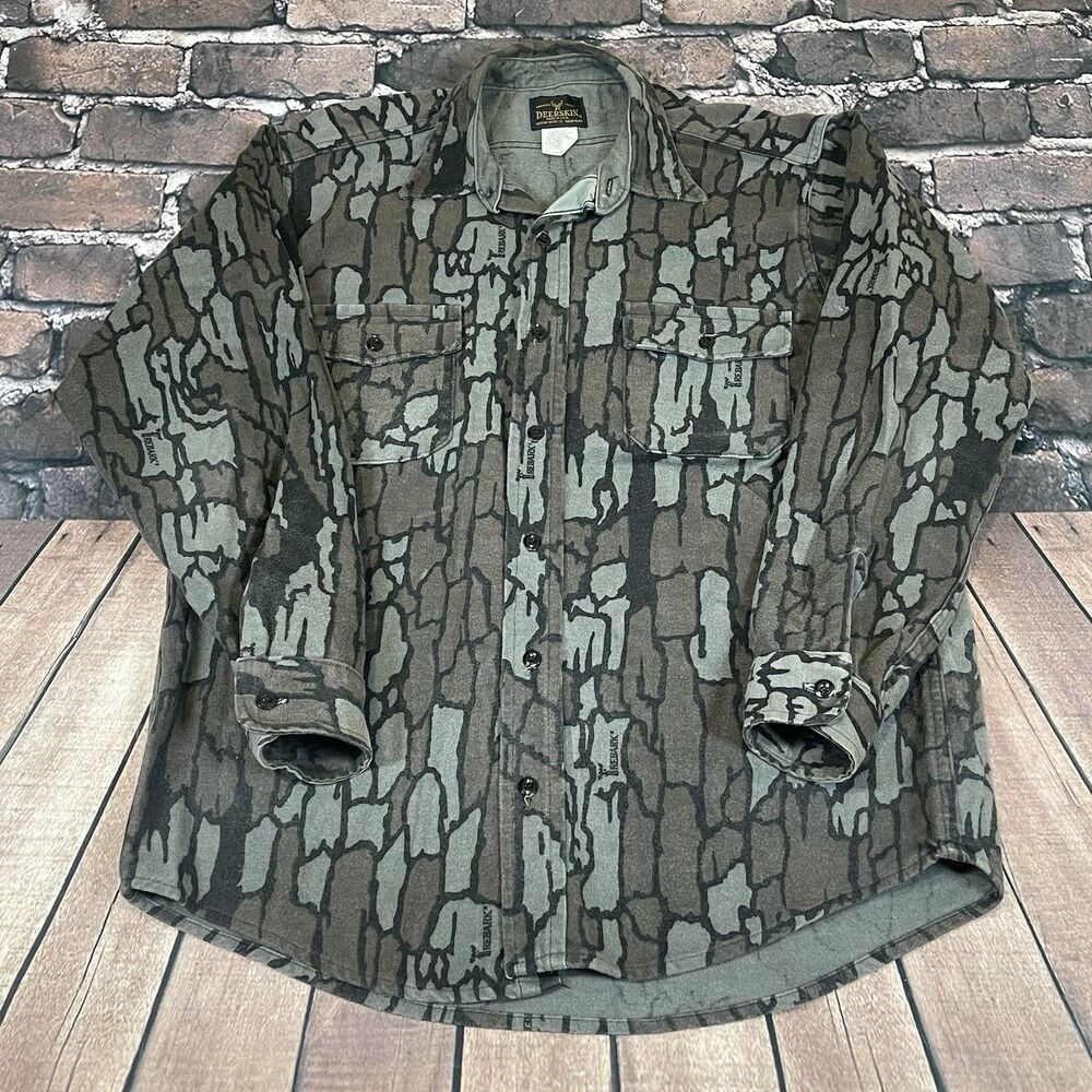 Vintage Melton Deerskin Shirt Mens Large TreBark Camo Chamois Hunting Pockets - Picture 2 of 9